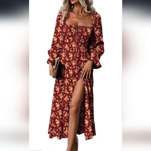 Chic Long Sleeve Burgundy Floral Dress